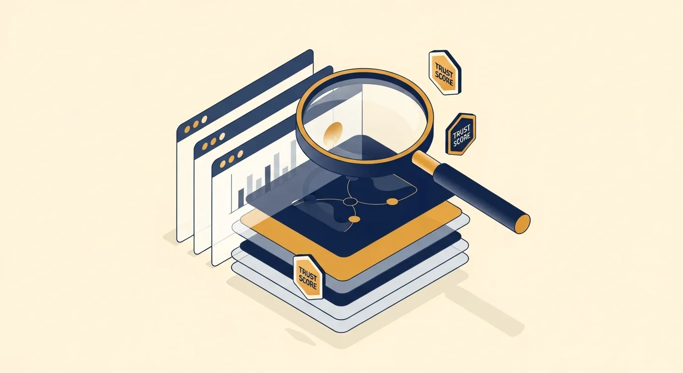 Illustration of a magnifier inspecting layered browser windows with trust badges
